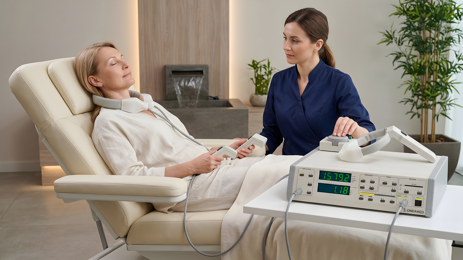 Nurse holding a patient's hand beside a reclined hospital bed in a bright clinic room