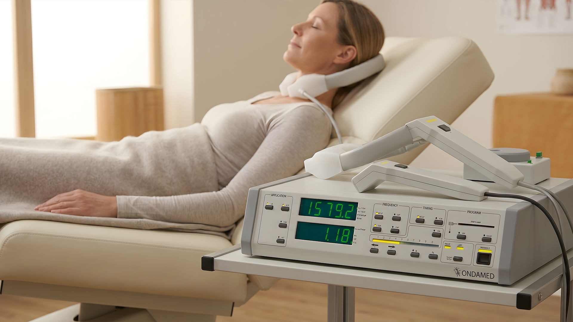 Patient reclining on a hospital bed beside a medical monitor console in a bright room