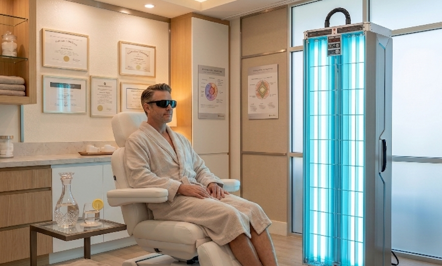 Person seated in a clinic room beside a glowing blue medical device