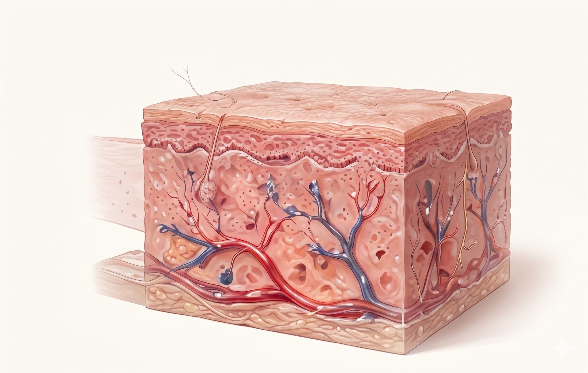 Illustration of human skin cross-section with blood vessels and hair follicles
