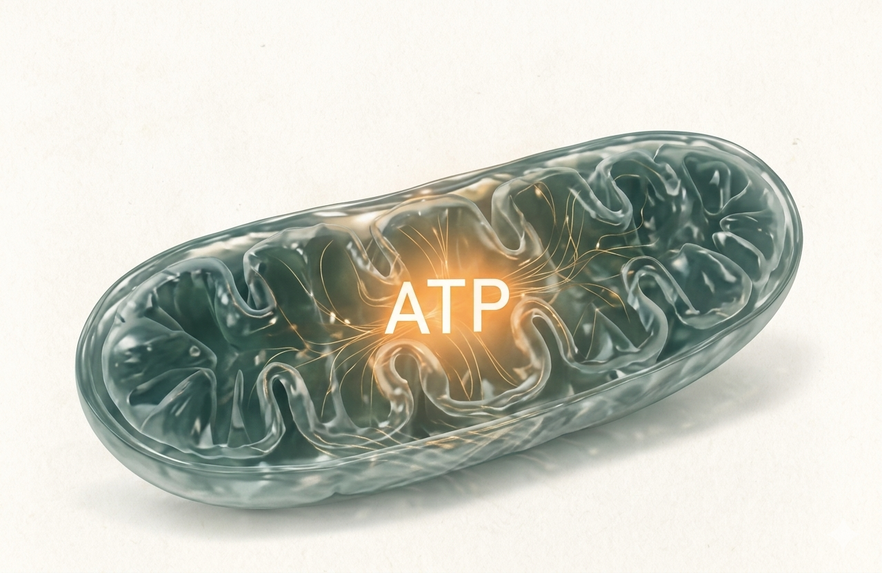 Mitochondrion illustration with glowing ATP text inside