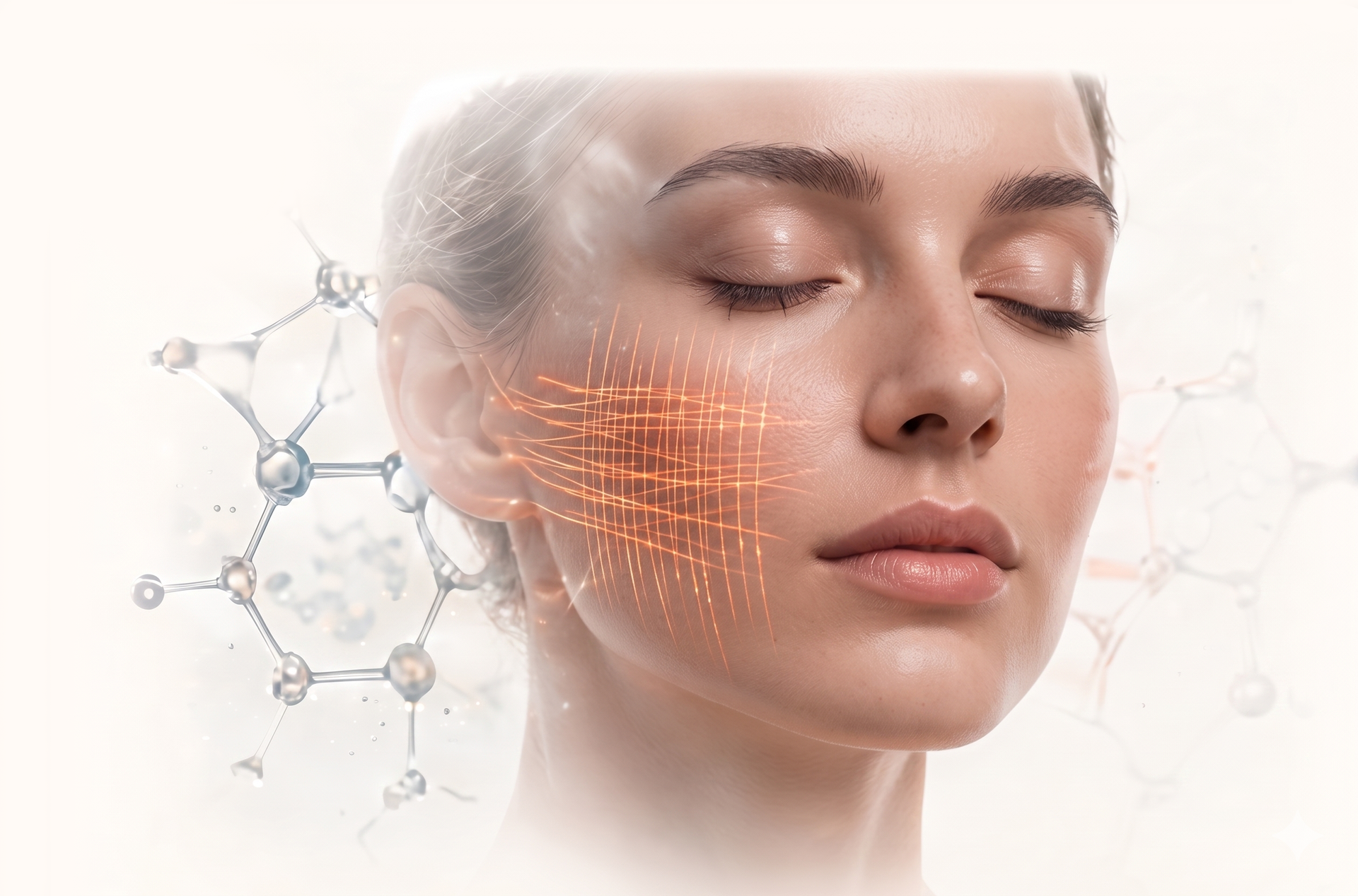 Close-up of a serene face with a glowing orange facial treatment overlay and molecular graphics in the background
