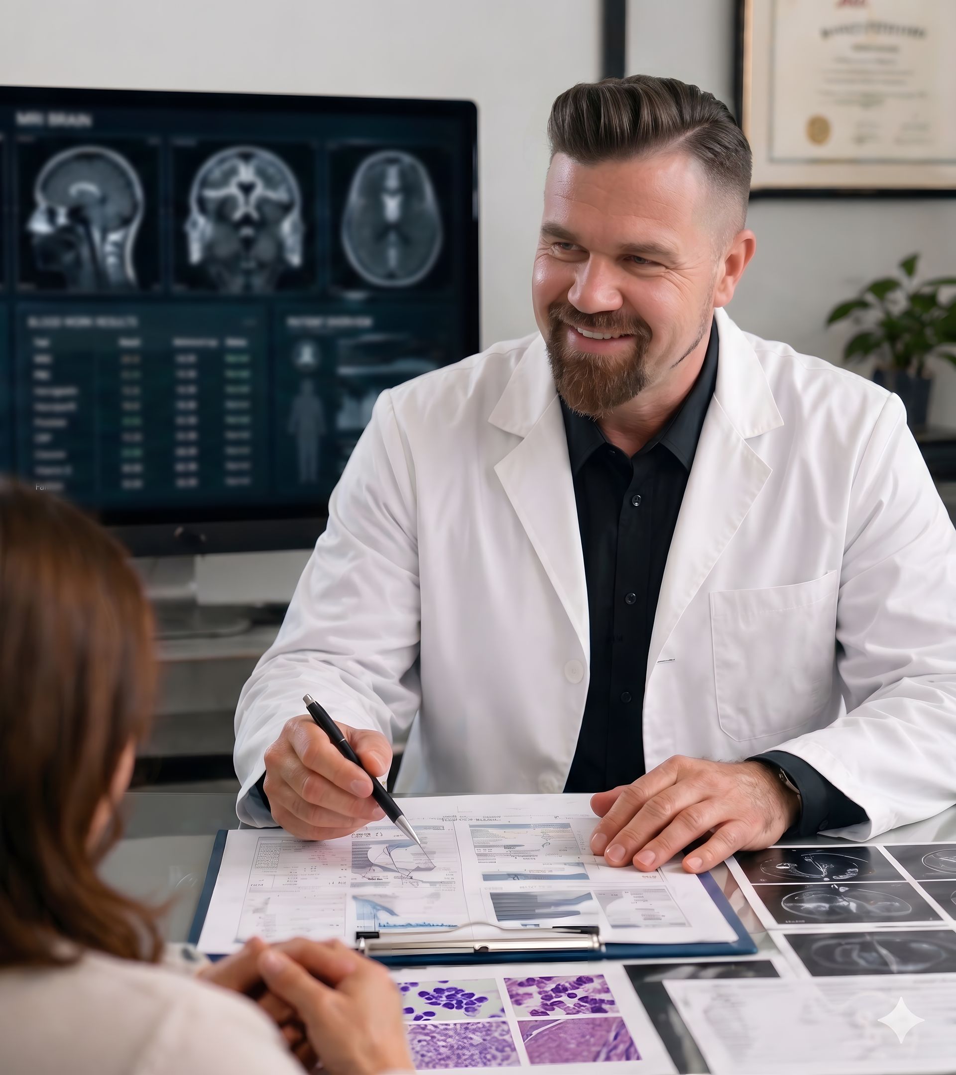 Doctor smiling across desk with patient, reviewing medical scans and paperwork in an office