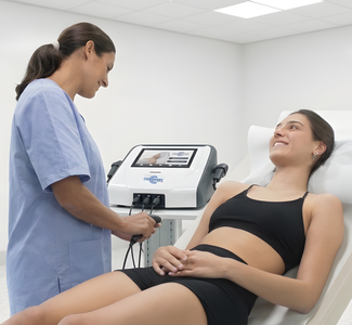 Nurse using medical equipment to monitor a reclining patient in a bright clinic room