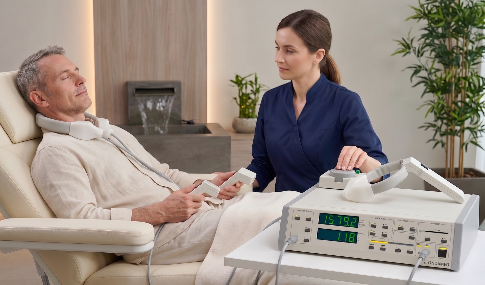 Nurse talking with a patient in a clinic while monitoring medical equipment on a nearby table