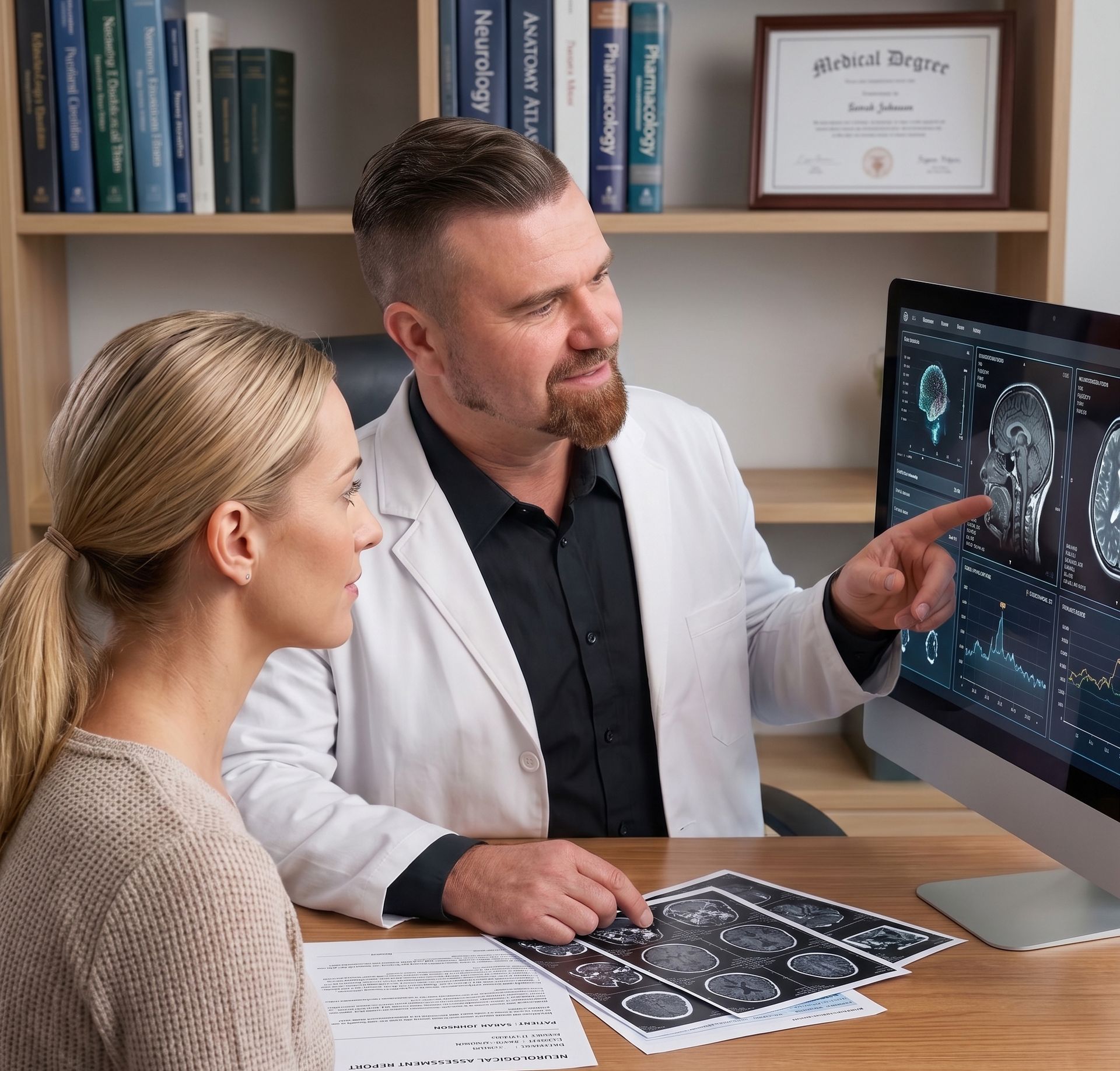 Doctor showing brain scans to a colleague in an office, with medical images on a large monitor