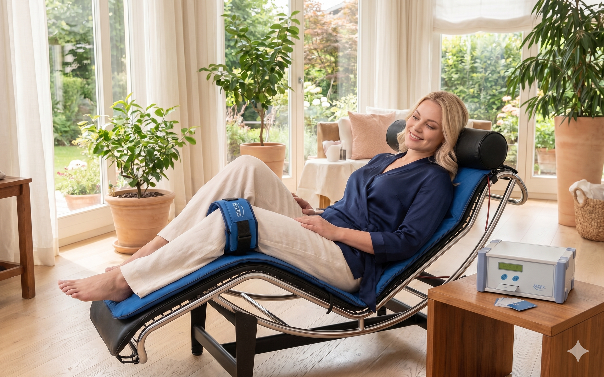 Person relaxing on a reclining massage chair in a bright living room with potted plants