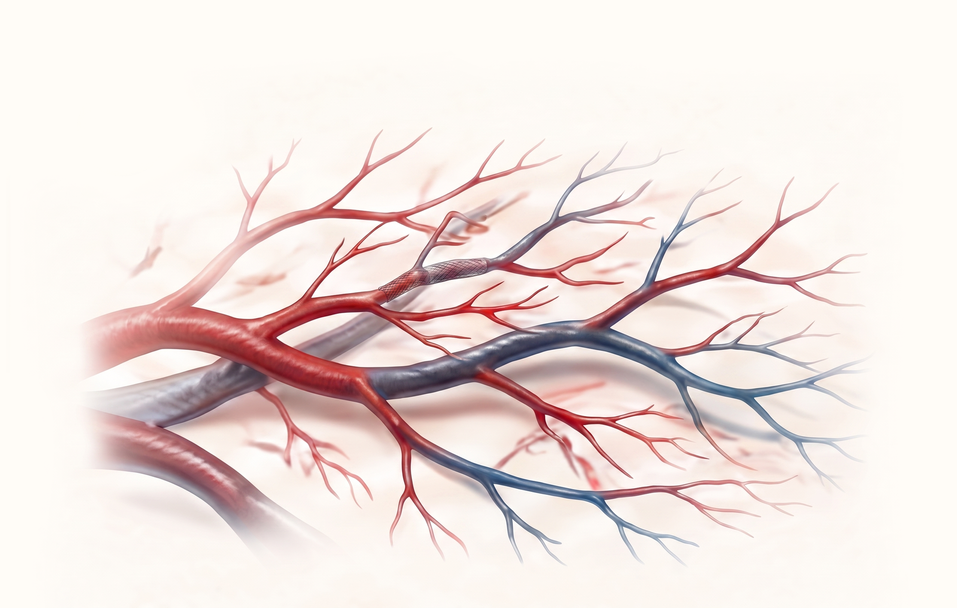 Abstract red and blue branching blood vessels on a white background