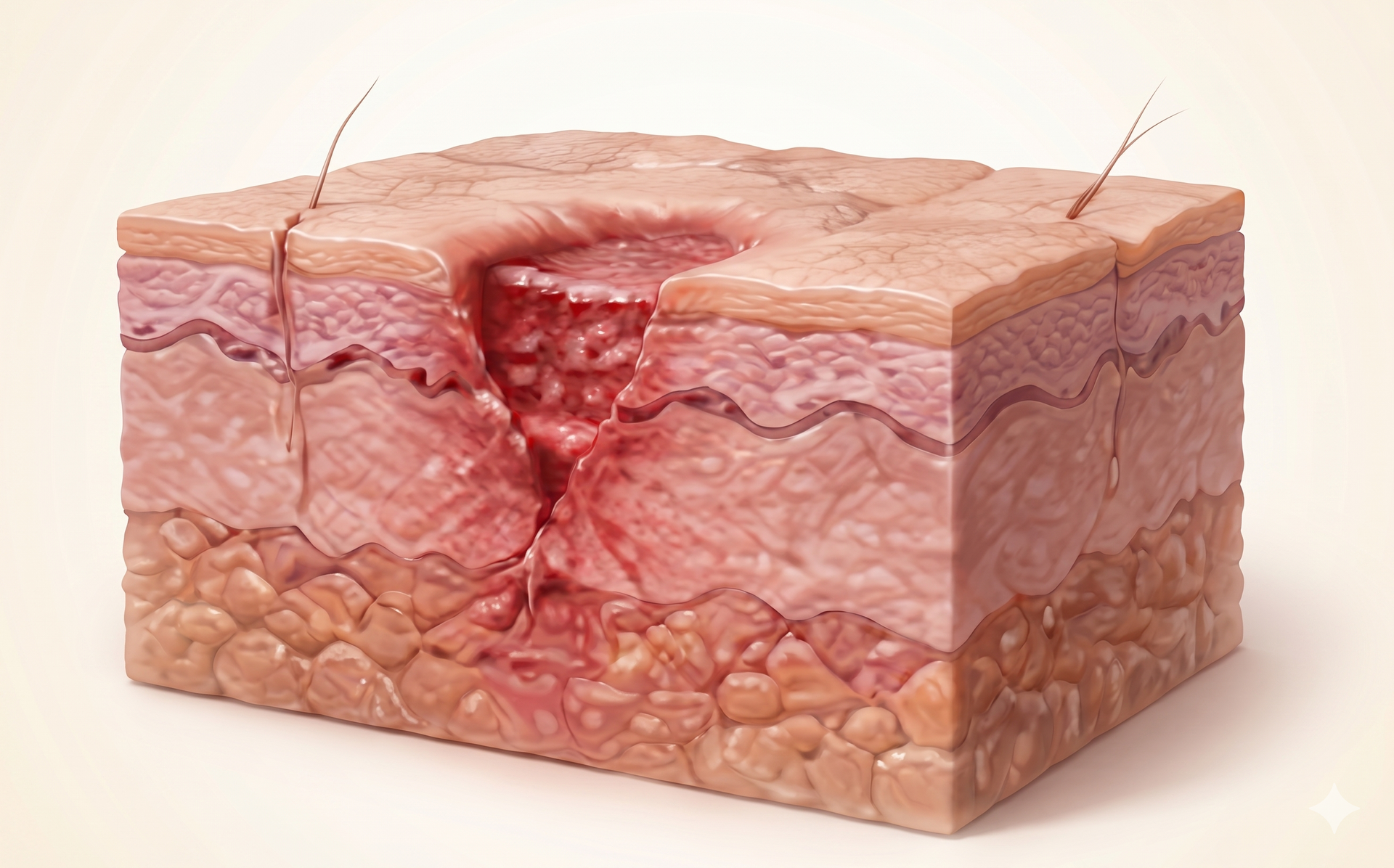 3D illustration of a skin wound with a deep red abrasion and cracks in the surrounding skin