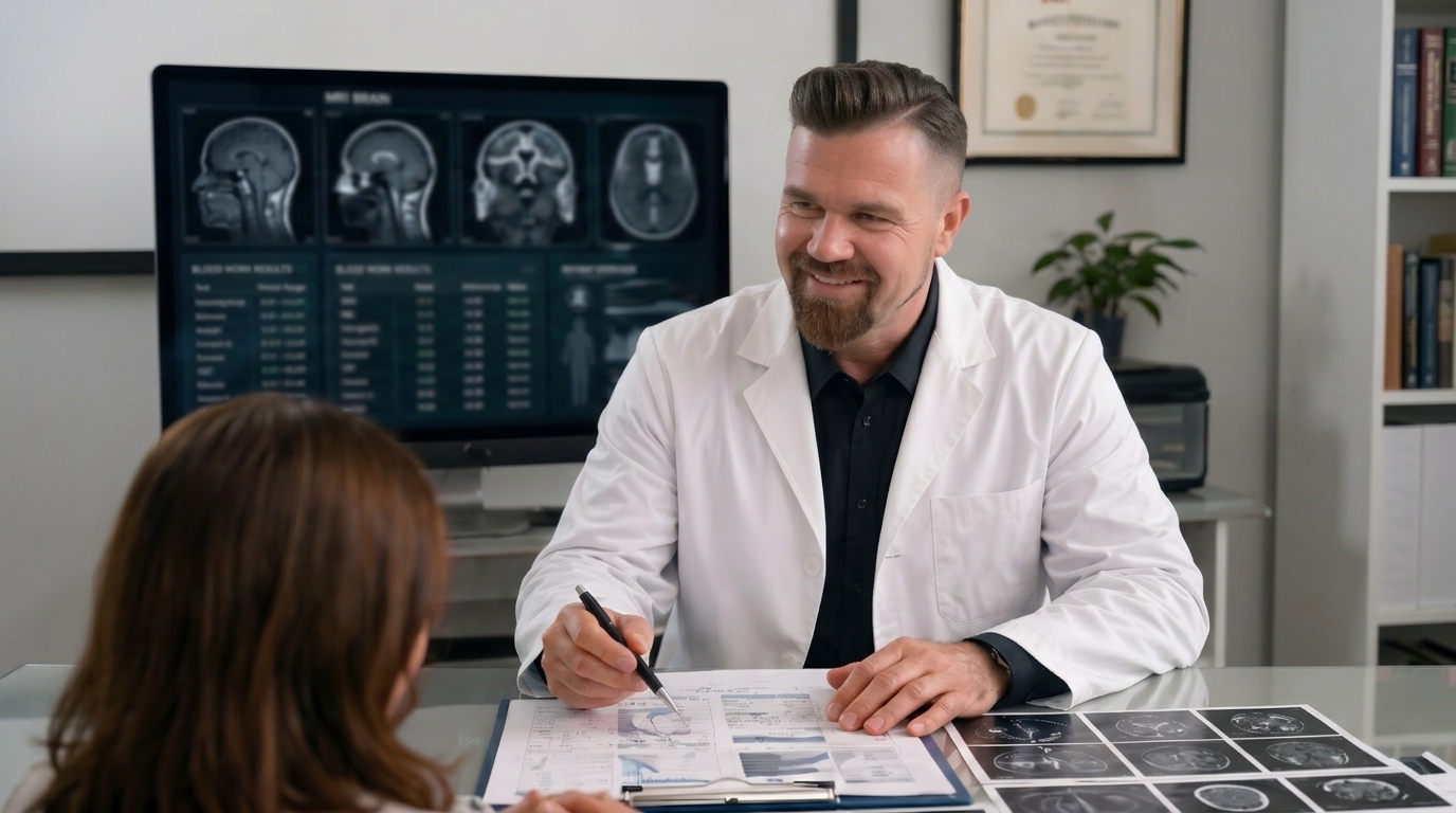 Doctor in white coat reviews medical scans with a patient in a clinic office.