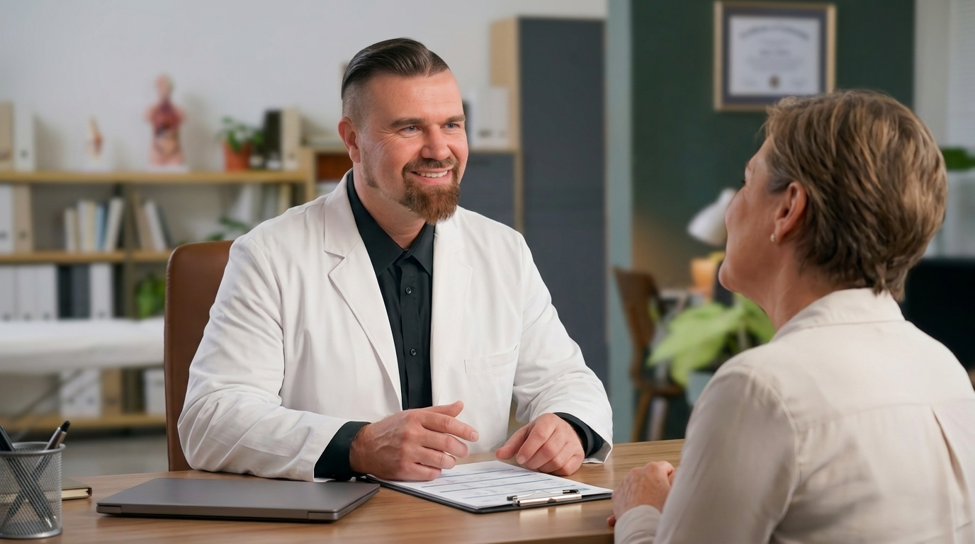 Doctor in white coat consulting a patient across a desk in a clinic office