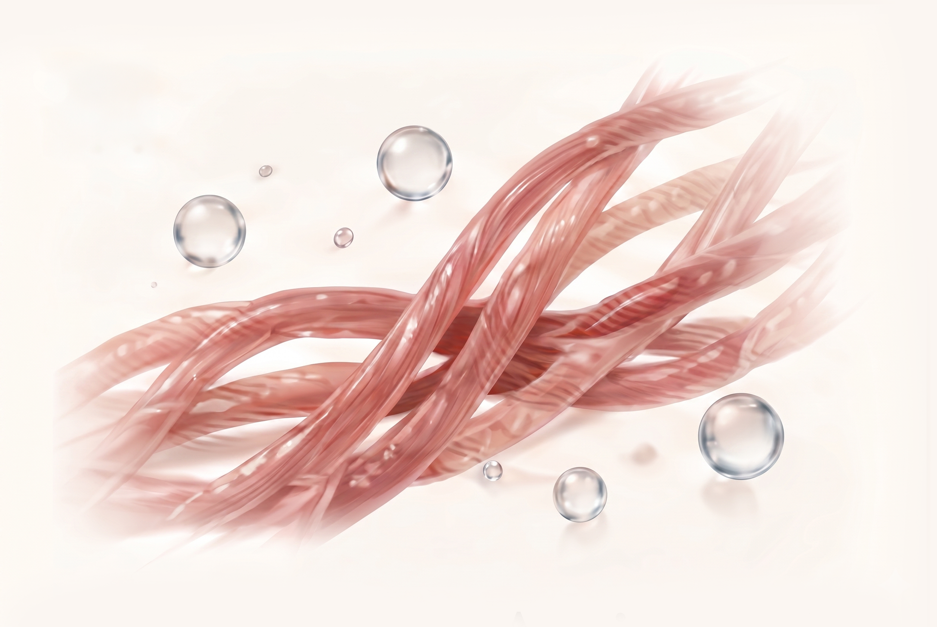 Pink intertwined fibers with floating water droplets on a light background