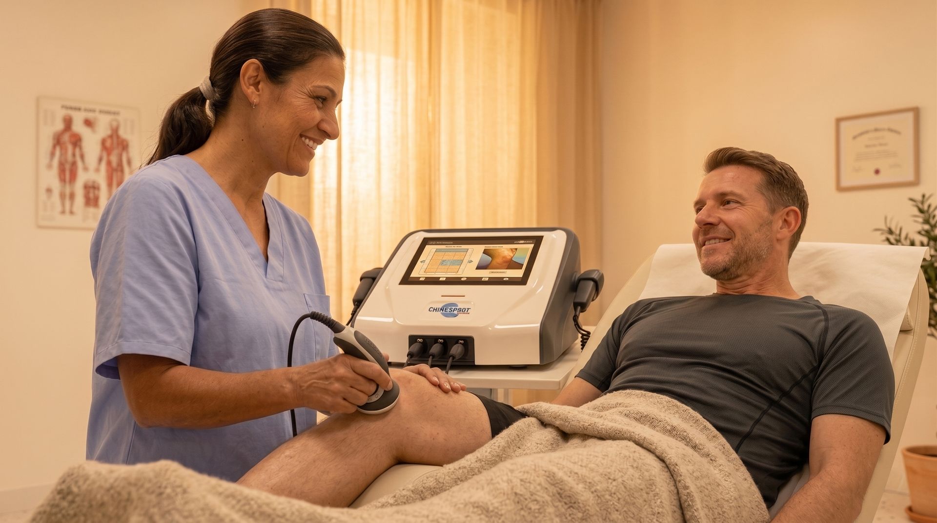 Clinician showing a treatment screen to a smiling patient in a warm, clinical room