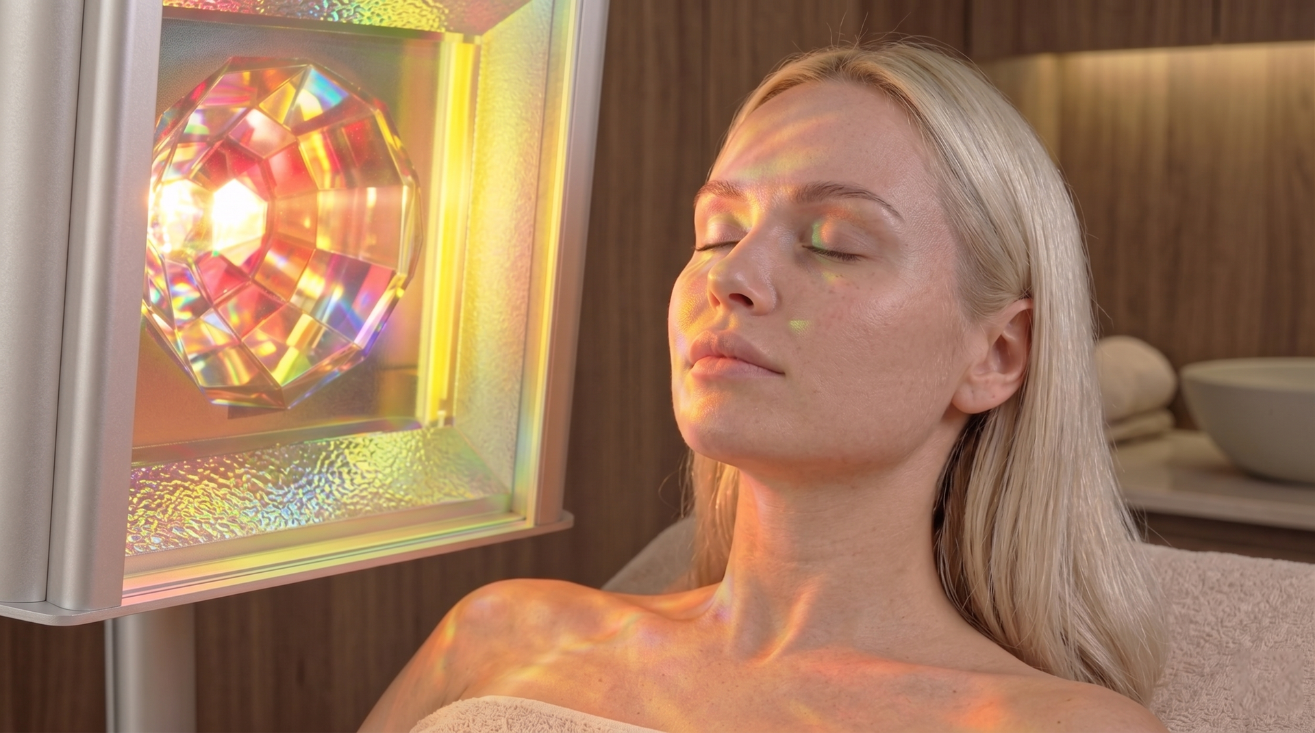 Woman with eyes closed relaxing beside a glowing multicolored light panel indoors
