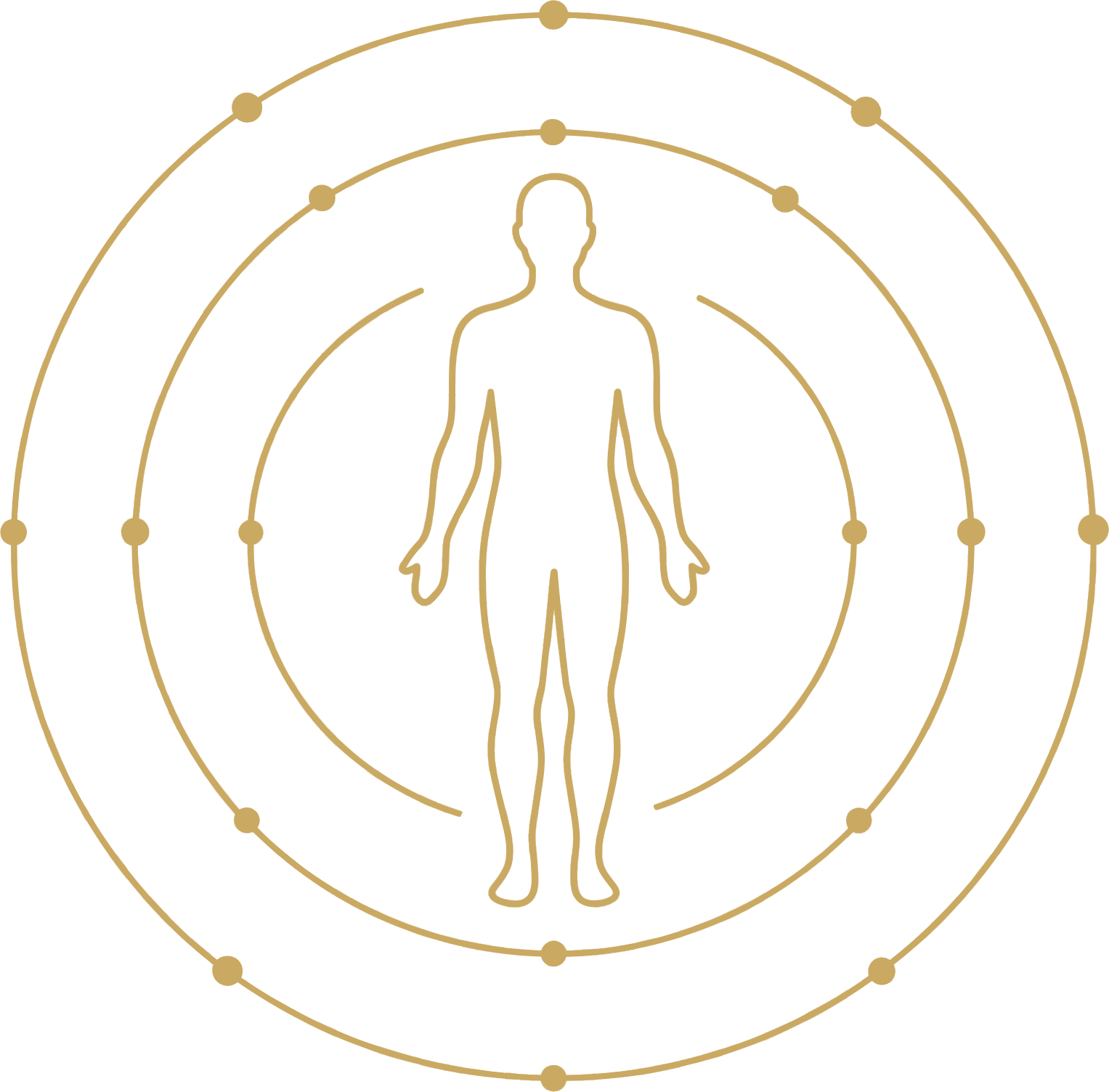 Gold outline of a human figure surrounded by concentric circles with small nodes on a white background