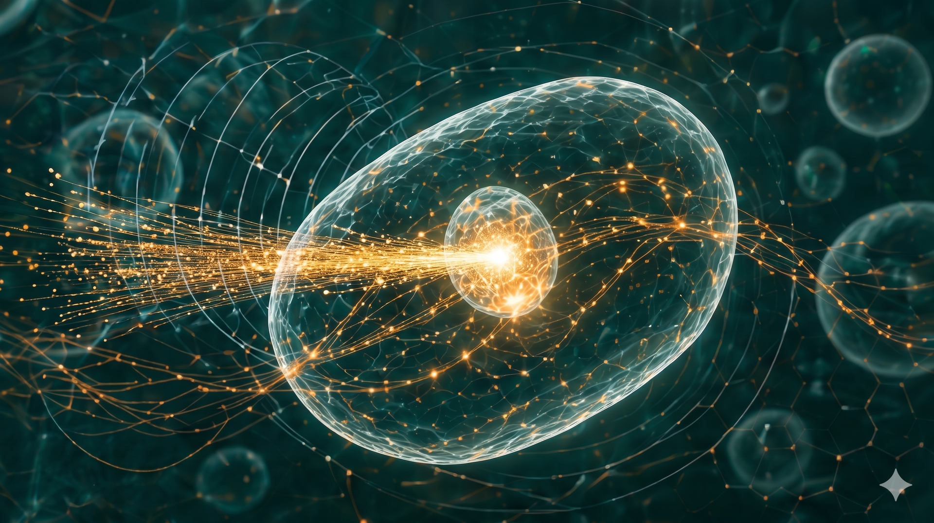 Glowing orange energy burst with particle trails in a dark teal abstract digital background