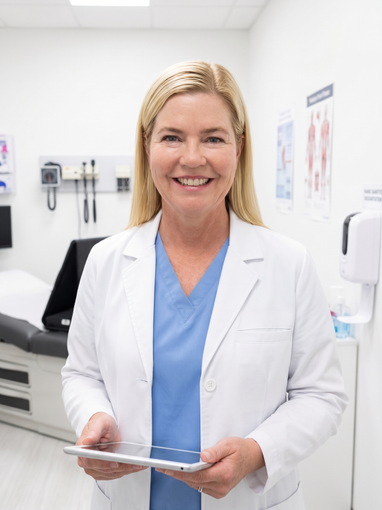 Female doctor in a white coat holding a tablet in a bright exam room