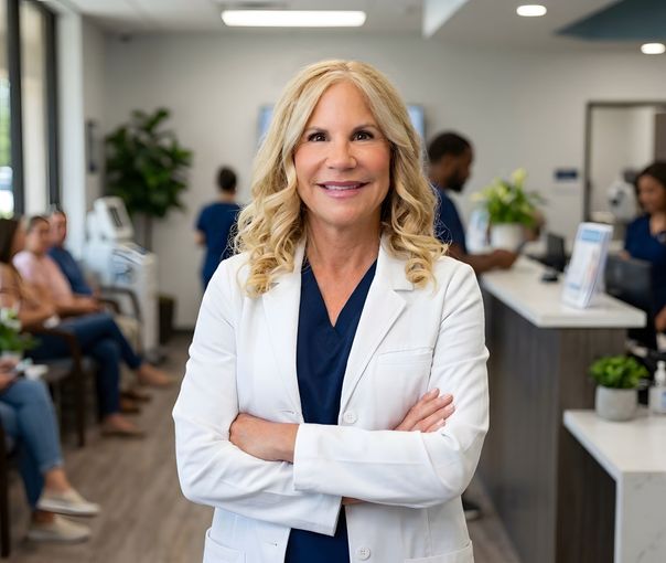 Smiling woman in a white blazer stands in a bright office lobby with people seated in the background