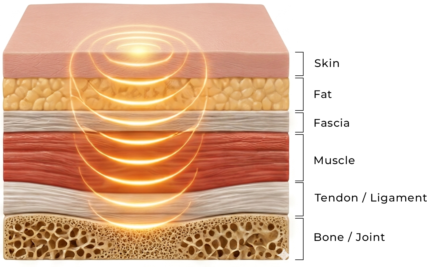 Cross-section diagram of body tissue layers with concentric yellow waves from the skin to bone