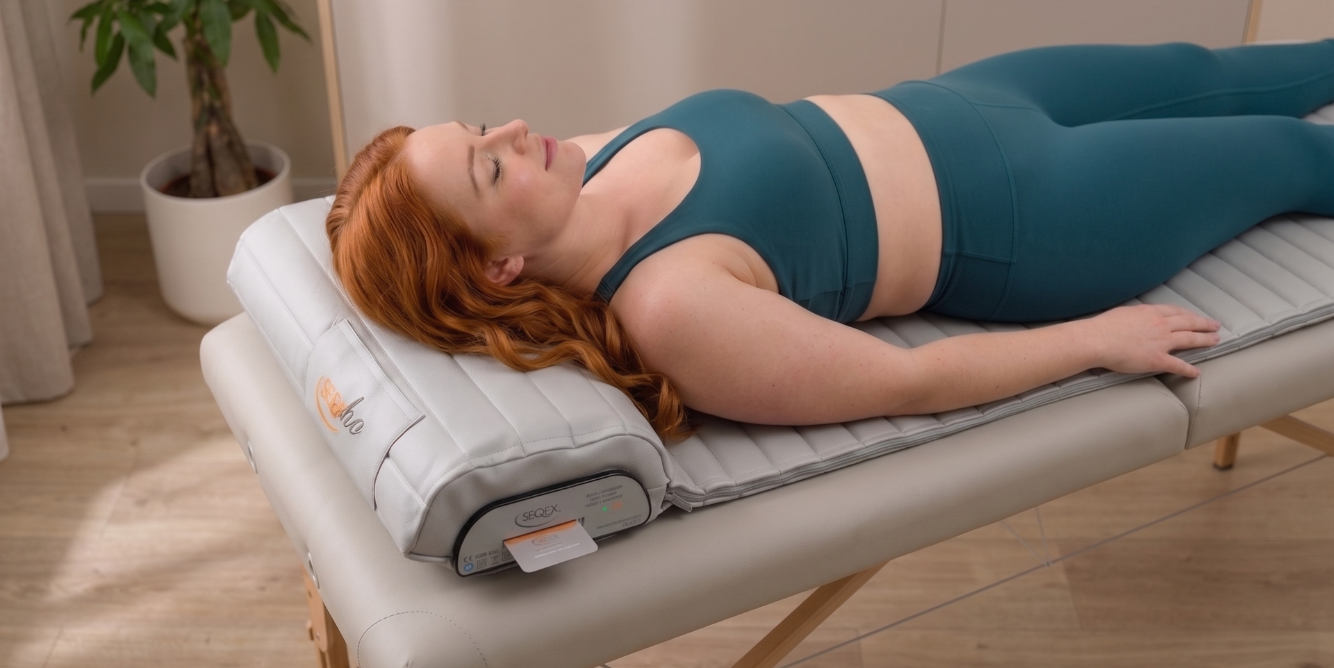 Woman lying on a massage table in teal workout clothes, resting in a bright room.