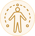 Gold minimalist icon of a person inside a dotted circle, with smaller circles around it