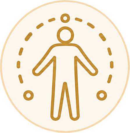 Gold minimalist icon of a person inside a dotted circle, with smaller circles around it