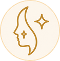 Gold line-art face profile with sparkles inside a pale circular border