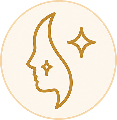 Gold line-art face profile with sparkles inside a pale circular border