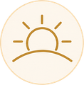 Gold sunrise icon inside a thin circle on a light background