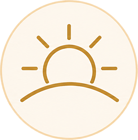 Gold sunrise icon inside a thin circle on a light background