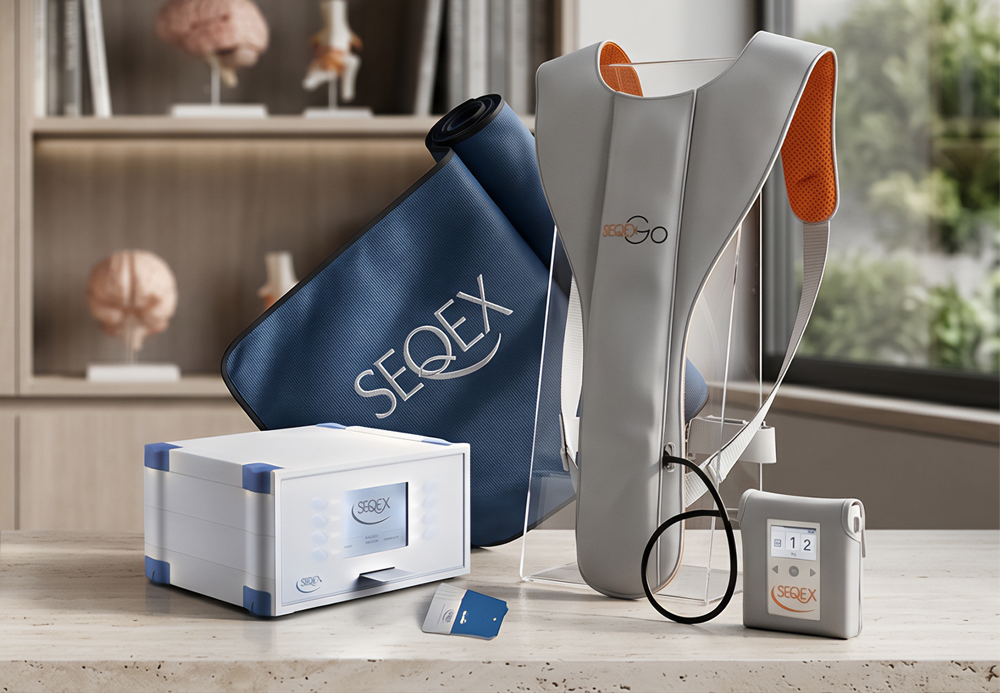 Blood pressure monitor set with cuff, pump, gauge, and carrying case on a table