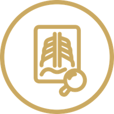 Gold lung icon inside a circle with a magnifying glass overlay