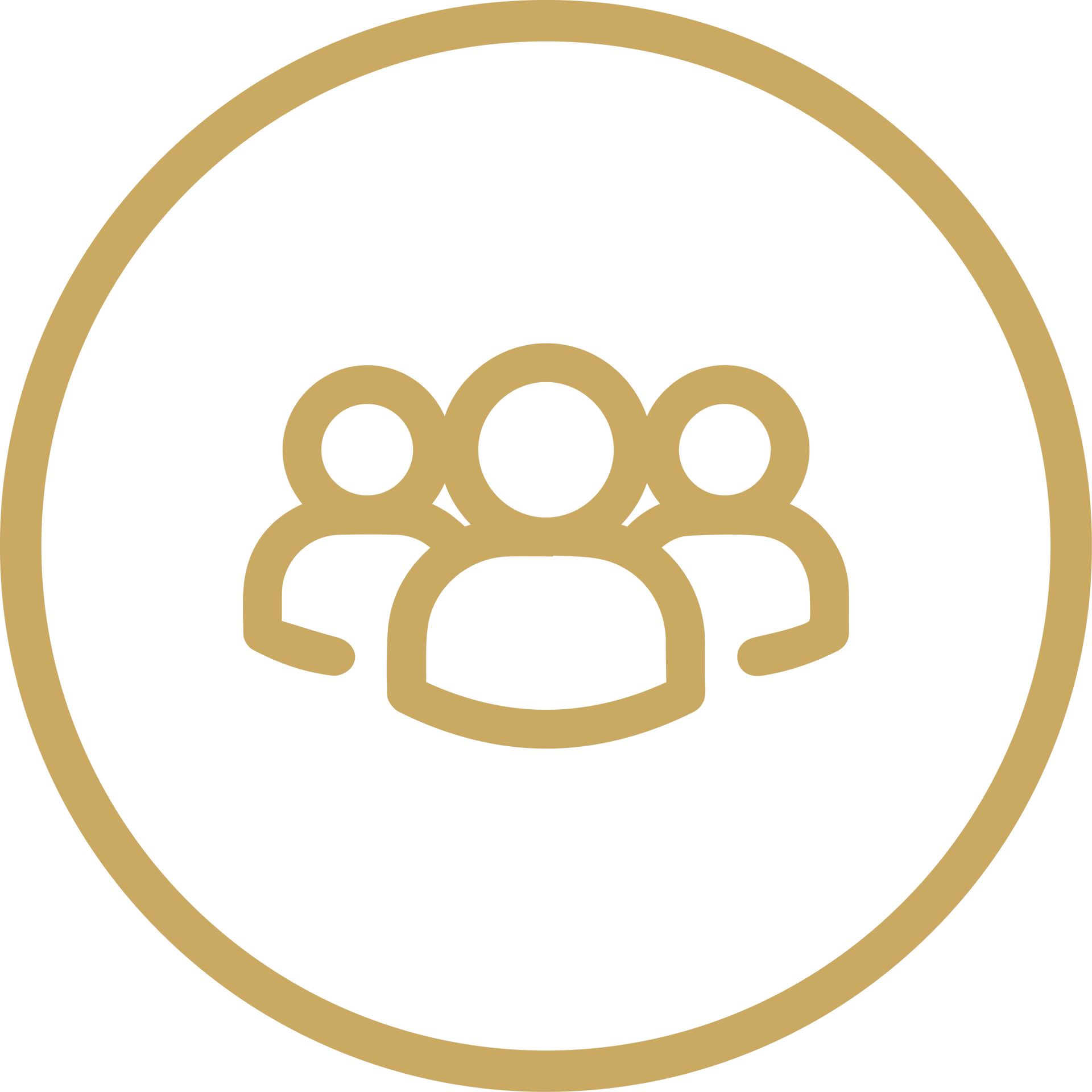 Gold outline icon of three people inside a circle