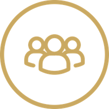 Gold group icon inside a circle, showing three people silhouettes on a white background