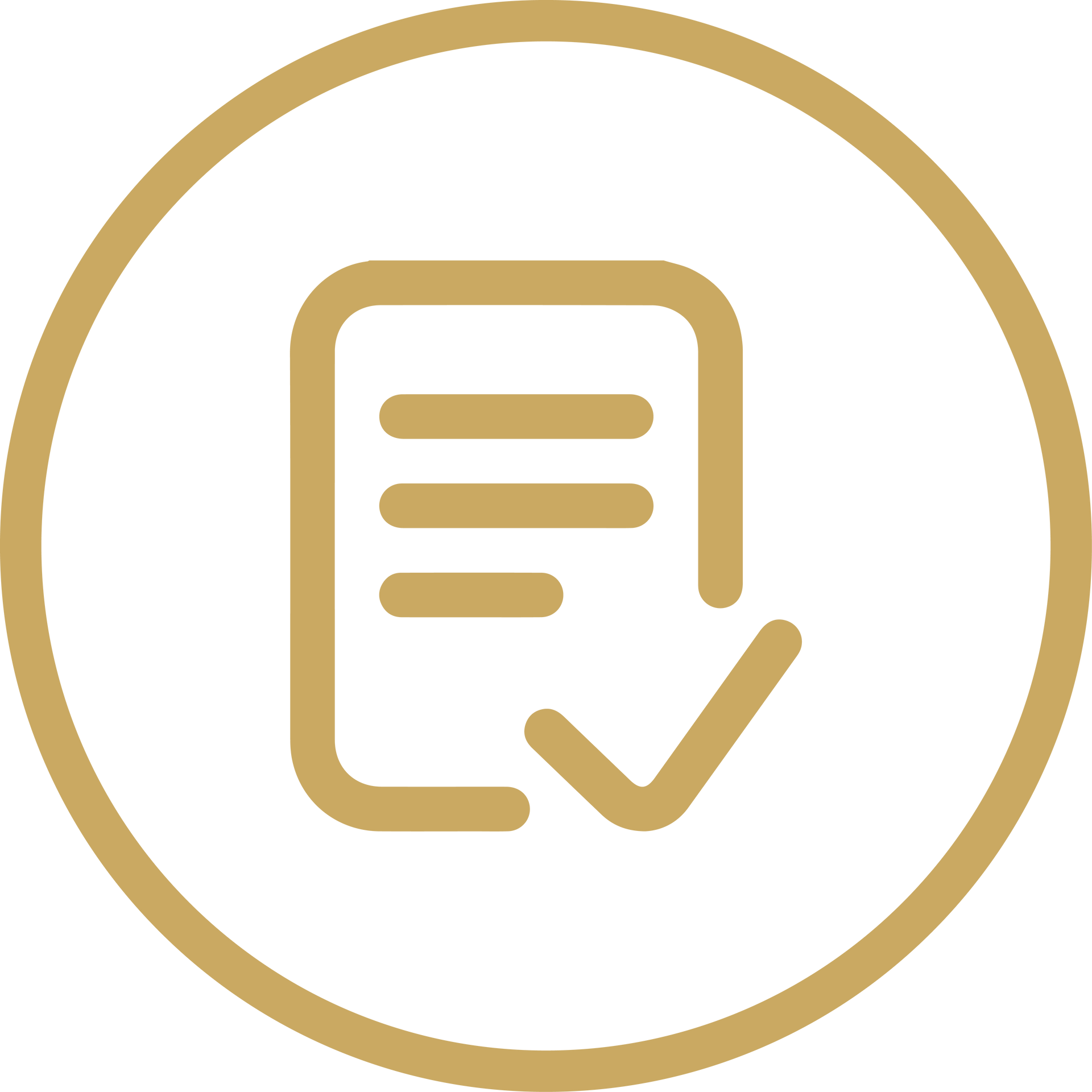 Gold outline document with checkmark inside a circle