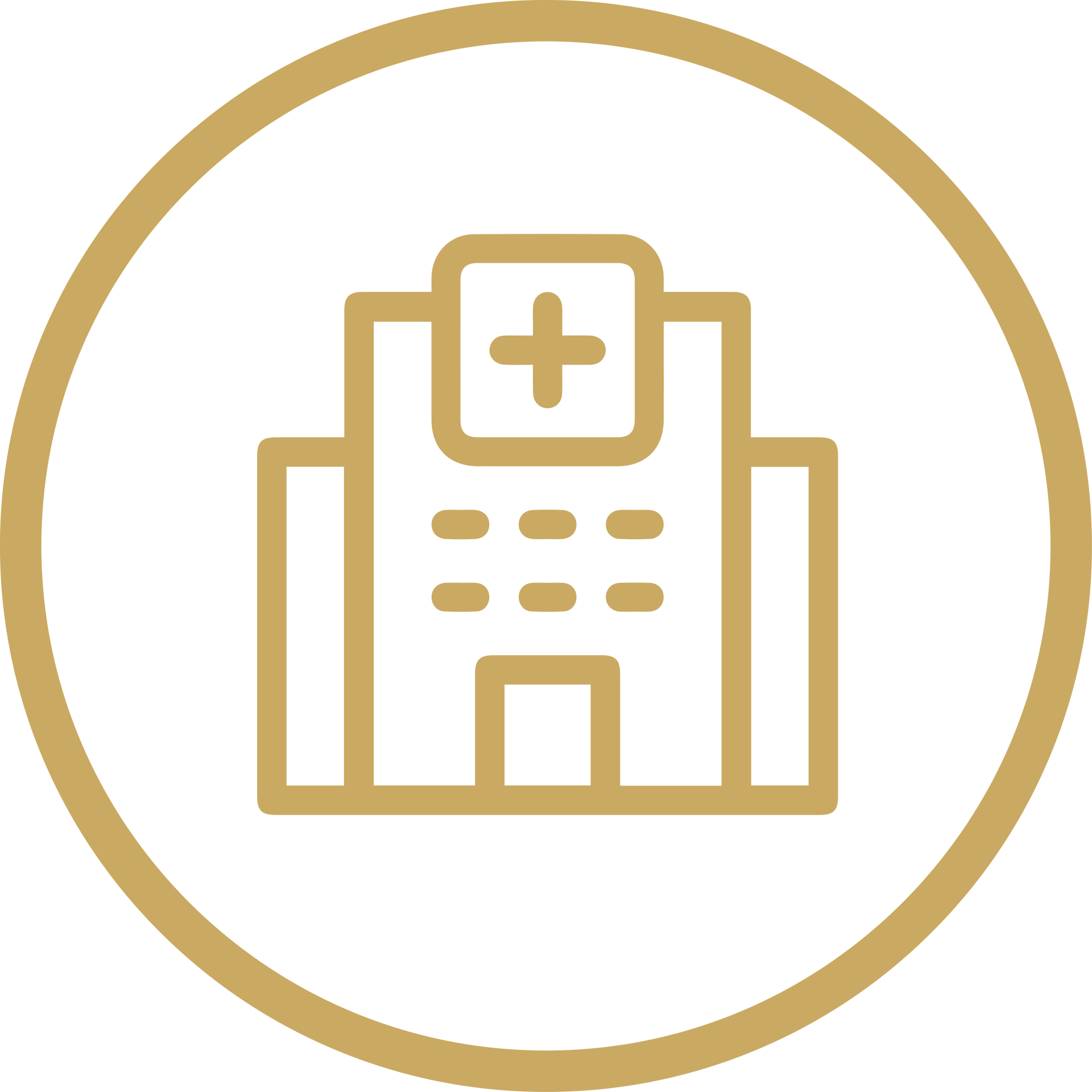 Gold medical building icon inside a circle on a white background