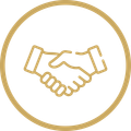 Gold handshake icon inside a gold circle on a white background