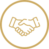 Gold handshake icon inside a gold circle on a white background