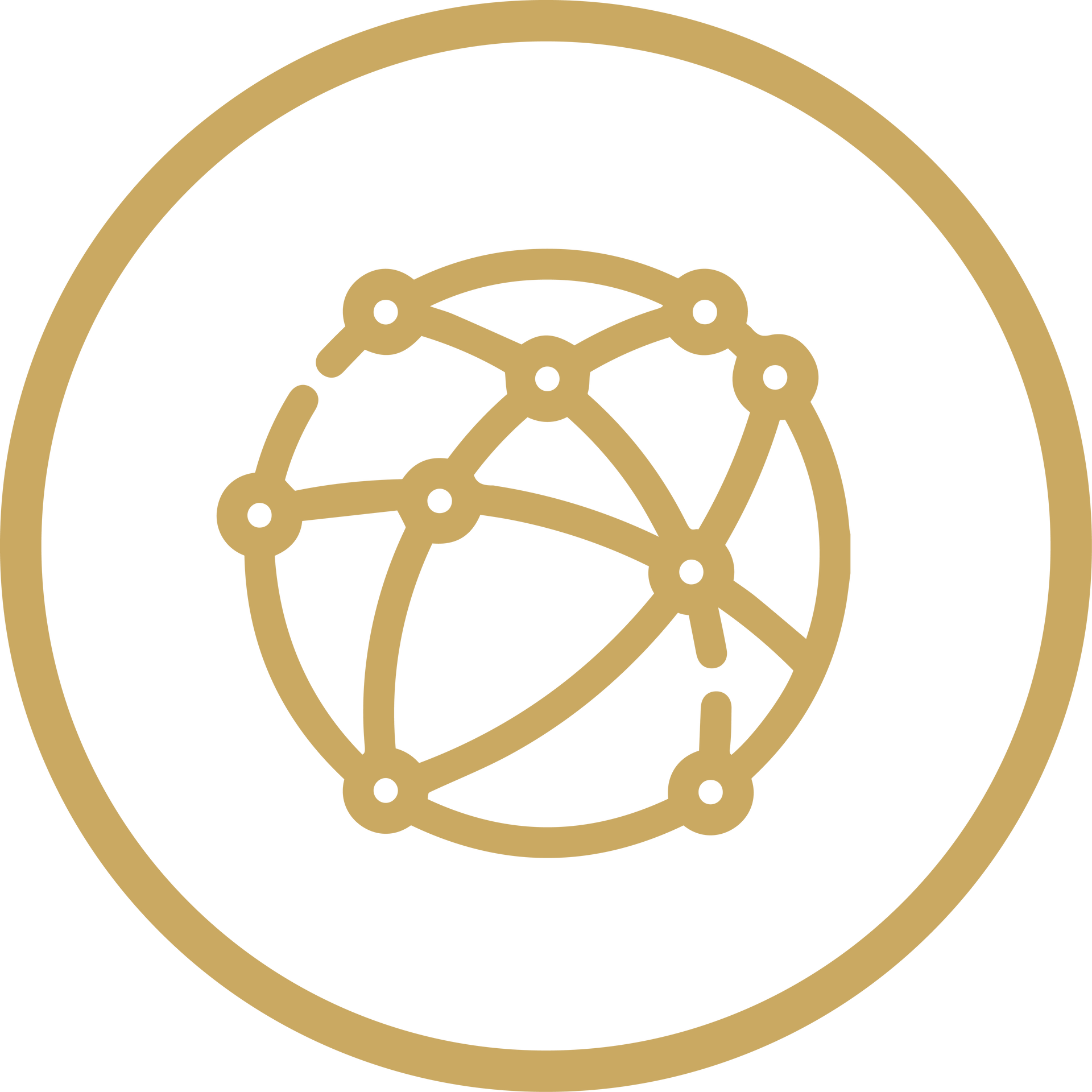 Gold circular network-style logo with connected nodes inside a ring