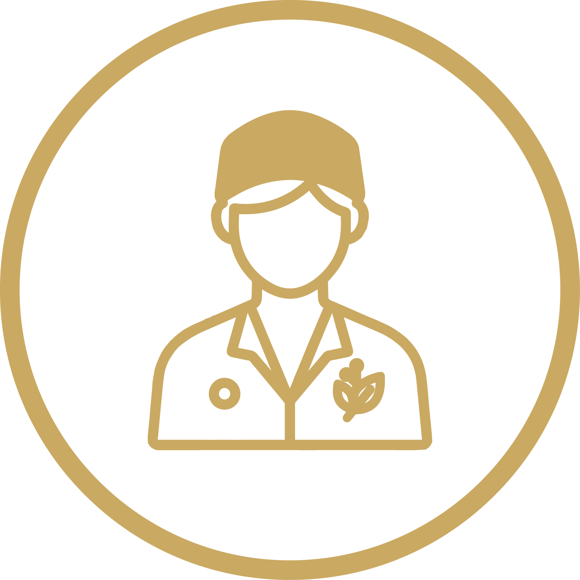 Gold icon of a medical professional in a lab coat inside a circle