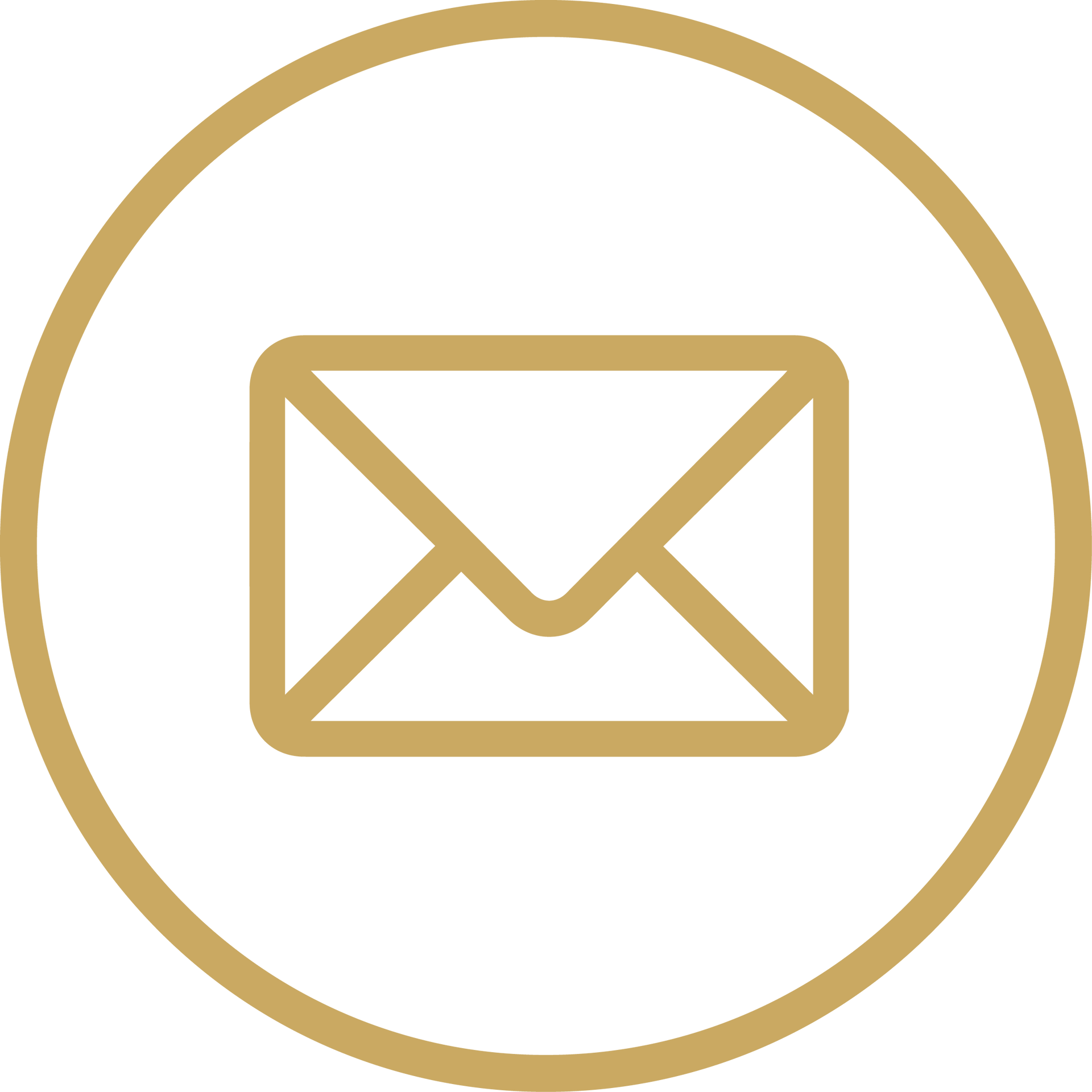 Gold outline of an envelope inside a circle icon