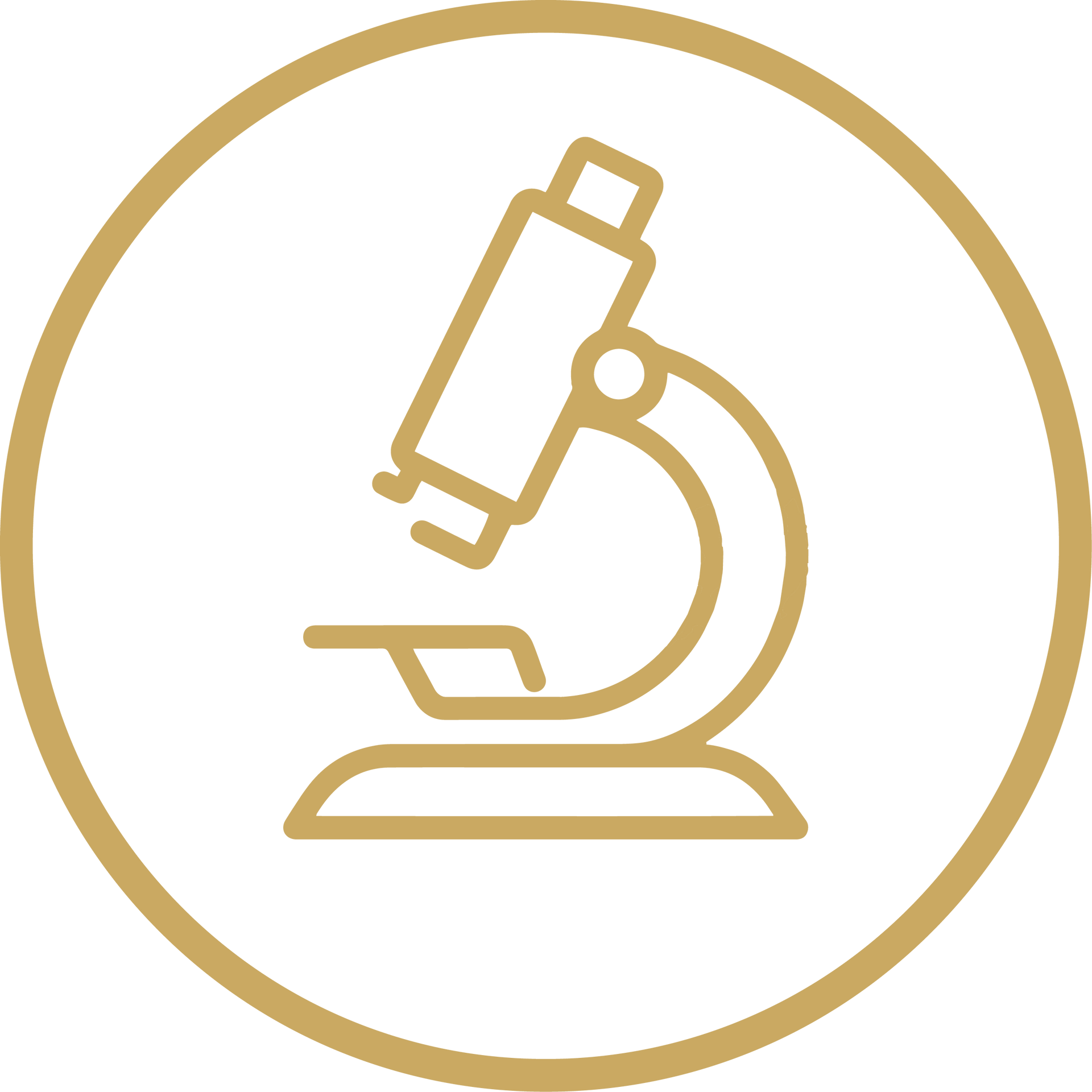 Gold microscope icon inside a circle on a white background