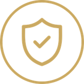 Gold shield with checkmark inside a thin gold circle on white background