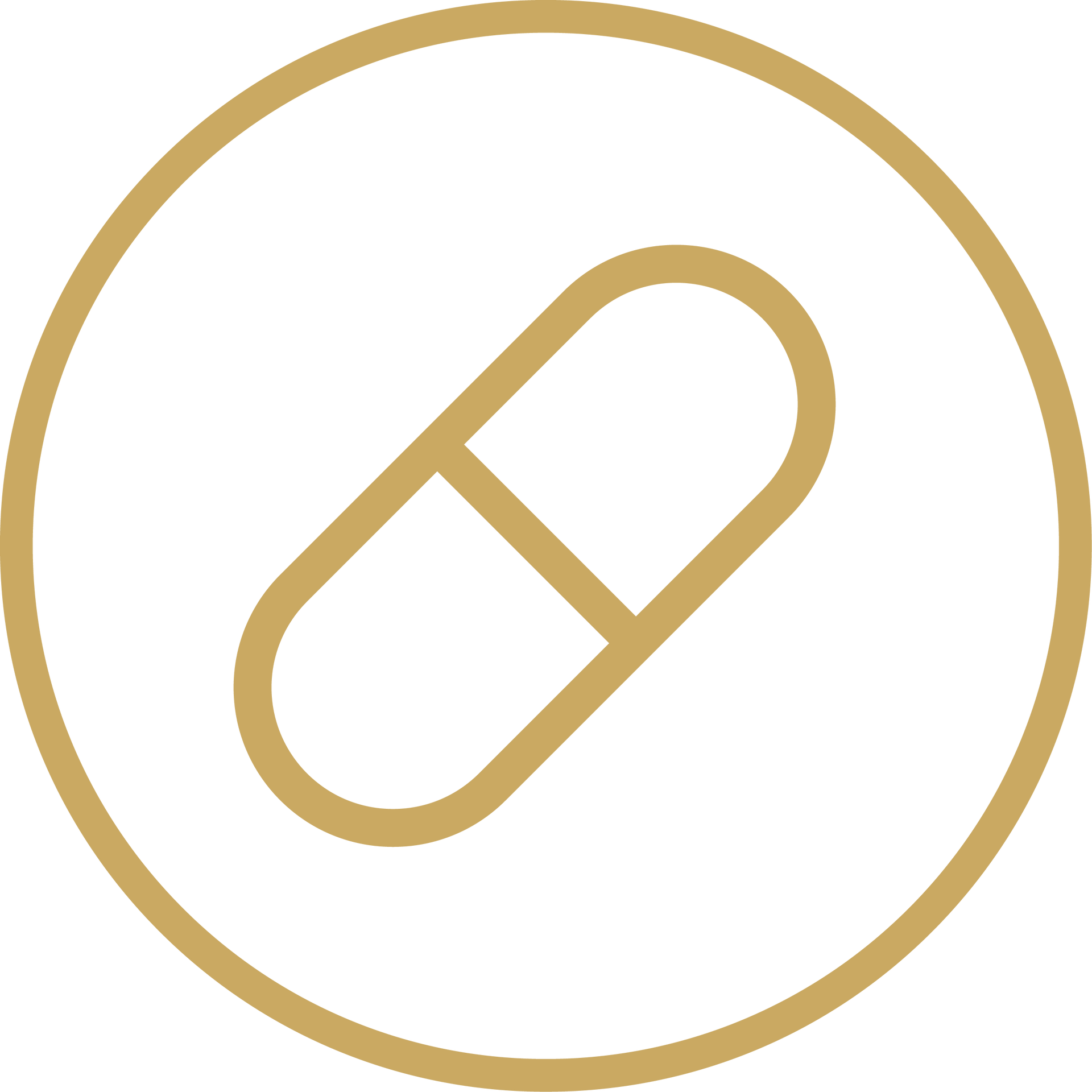 Gold outlined pill icon inside a gold circle on a white background