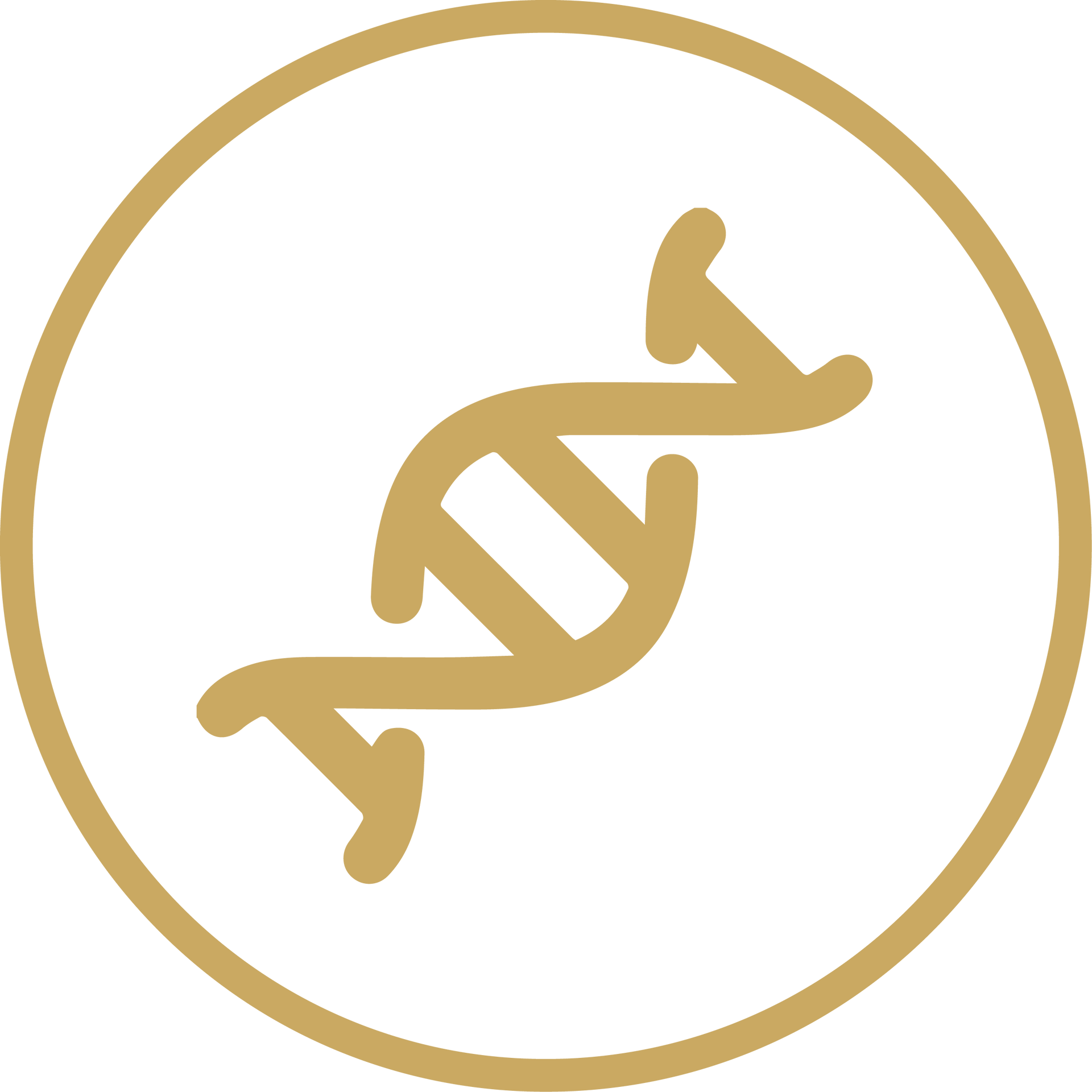 Gold DNA helix inside a gold circle on a white background