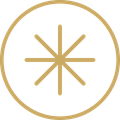 Gold circular logo with an eight-point star-like symbol in the center on a white background
