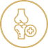 Gold outline medical icon of a pelvis, hip joint, and bone inside a circle, with a plus symbol