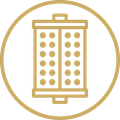 Gold icon of a vertical cylindrical filter inside a circle