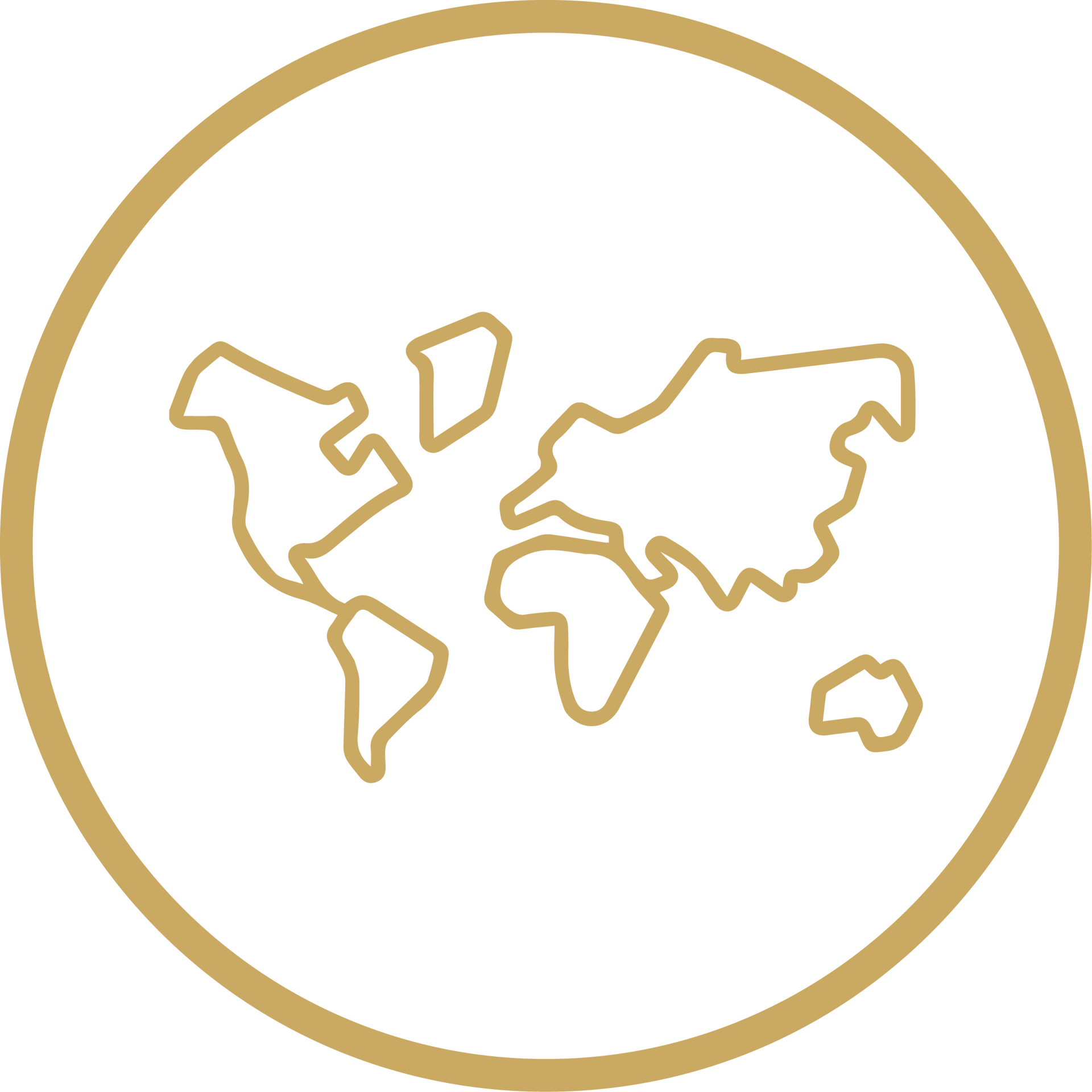 Gold line-art world map inside a gold circle on a white background