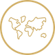 Gold outline of a globe with simplified world map inside a circle on a white background